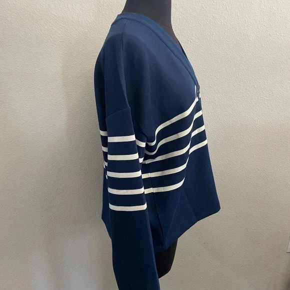 SPANX Women's L AirEssentials Cardigan Stripe Navy White Button Front V Neck NEW - Picture 9 of 9